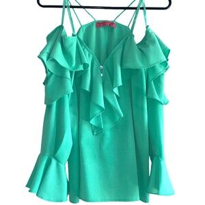 Almost Pink Women's Small Ruffle Cold Shoulder Blouse Top Cottagecore Summer